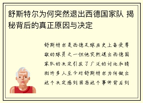舒斯特尔为何突然退出西德国家队 揭秘背后的真正原因与决定 舒斯特尔为何突然退出西德国家队 揭秘背后的真正原因与决定