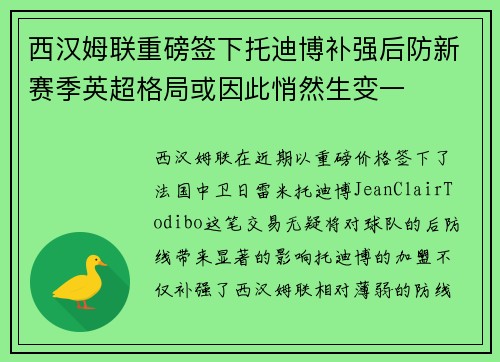 西汉姆联重磅签下托迪博补强后防新赛季英超格局或因此悄然生变一 西汉姆联重磅签下托迪博补强后防新赛季英超格局或因此悄然生变一