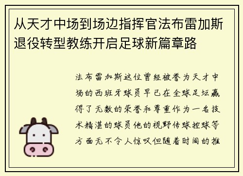 从天才中场到场边指挥官法布雷加斯退役转型教练开启足球新篇章路