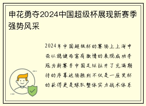 申花勇夺2024中国超级杯展现新赛季强势风采